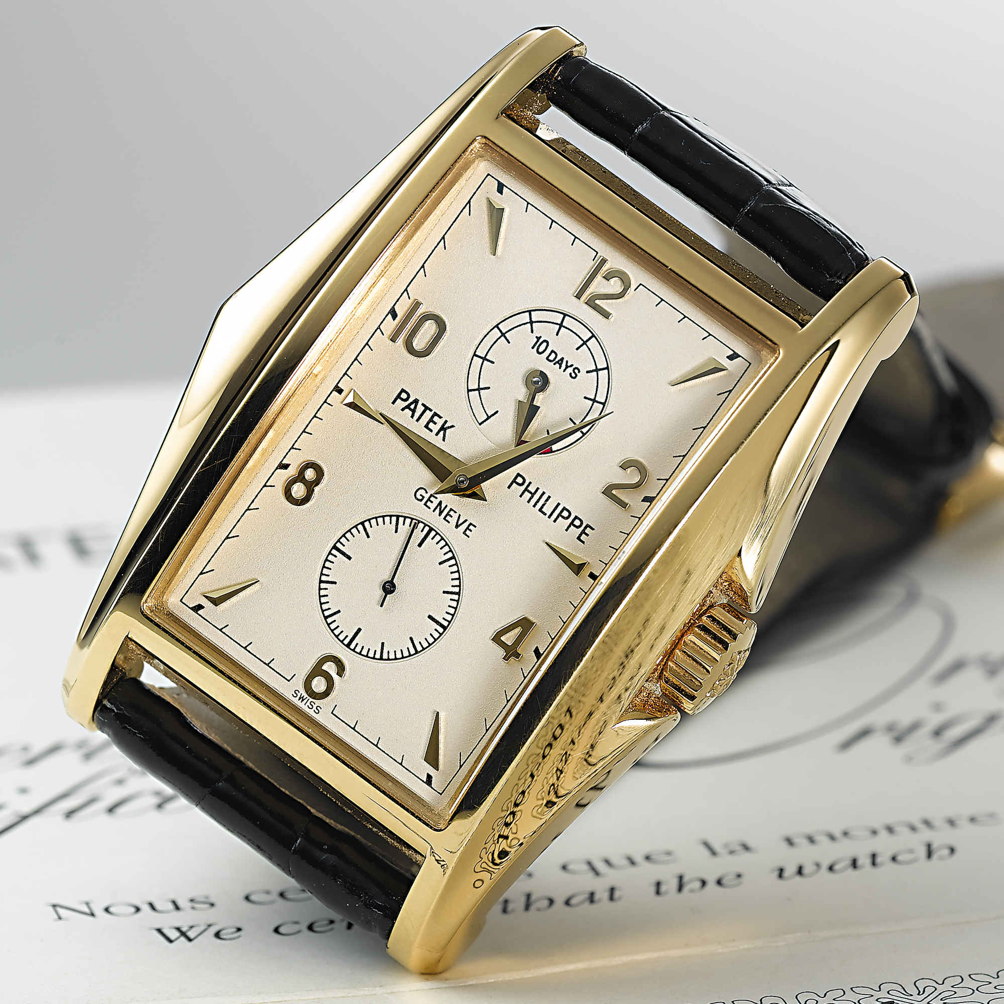 PATEK PHILIPPE, A FINE GOLD LIMITED EDITION RECTANGULAR WRISTWATCH WITH 10 DAYS POWER RESERVECIRCA 2001, NO. 3.202.421, REF. 5100